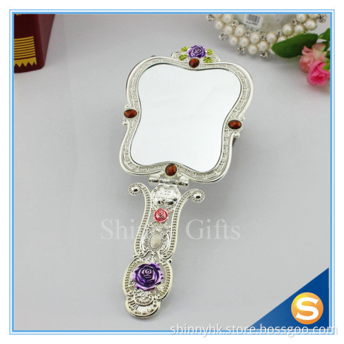 Rose Design Metal Materials Vanity Girl Hollywood Cosmetic Makeup Table Mirror With Handle Wedding Gifts